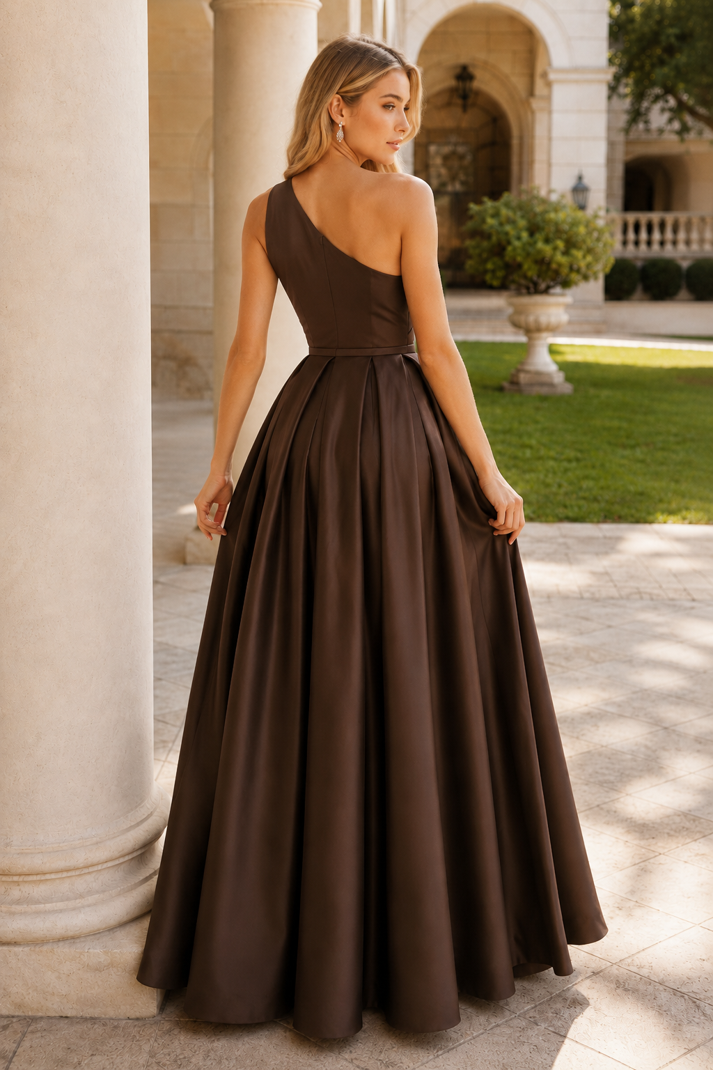 Kaldelle A Line One Shoulder Floor Length Satin Prom Dress- Style