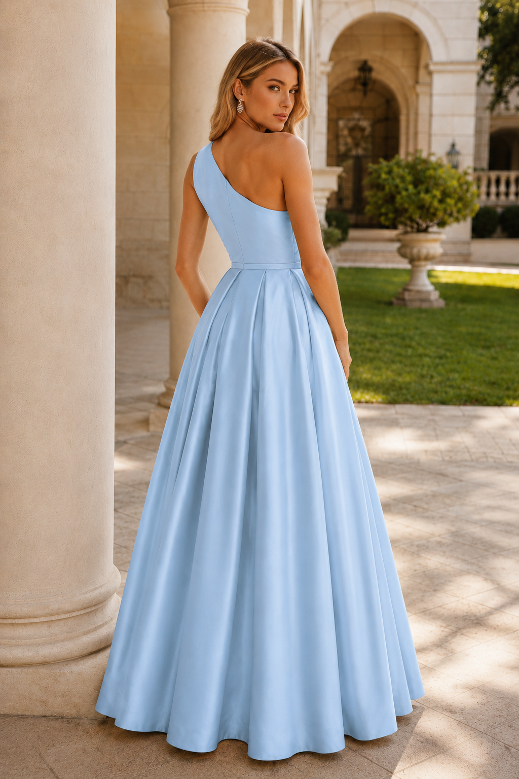 Kaldelle A Line One Shoulder Floor Length Satin Prom Dress- Style
