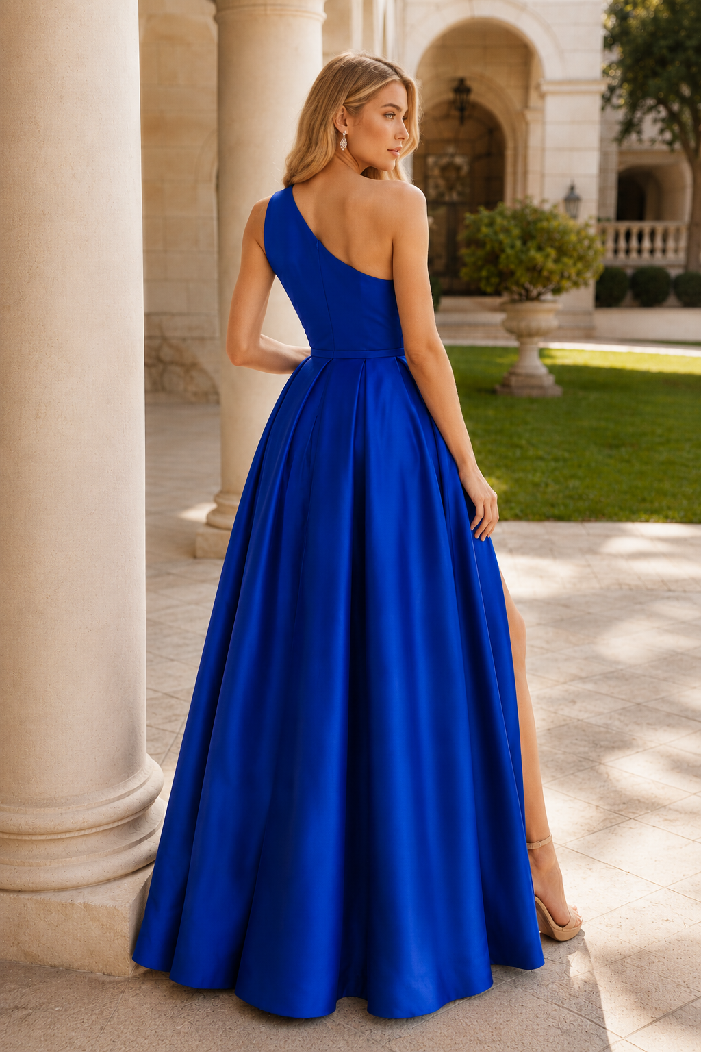 Kaldelle A Line One Shoulder Floor Length Satin Prom Dress- Style