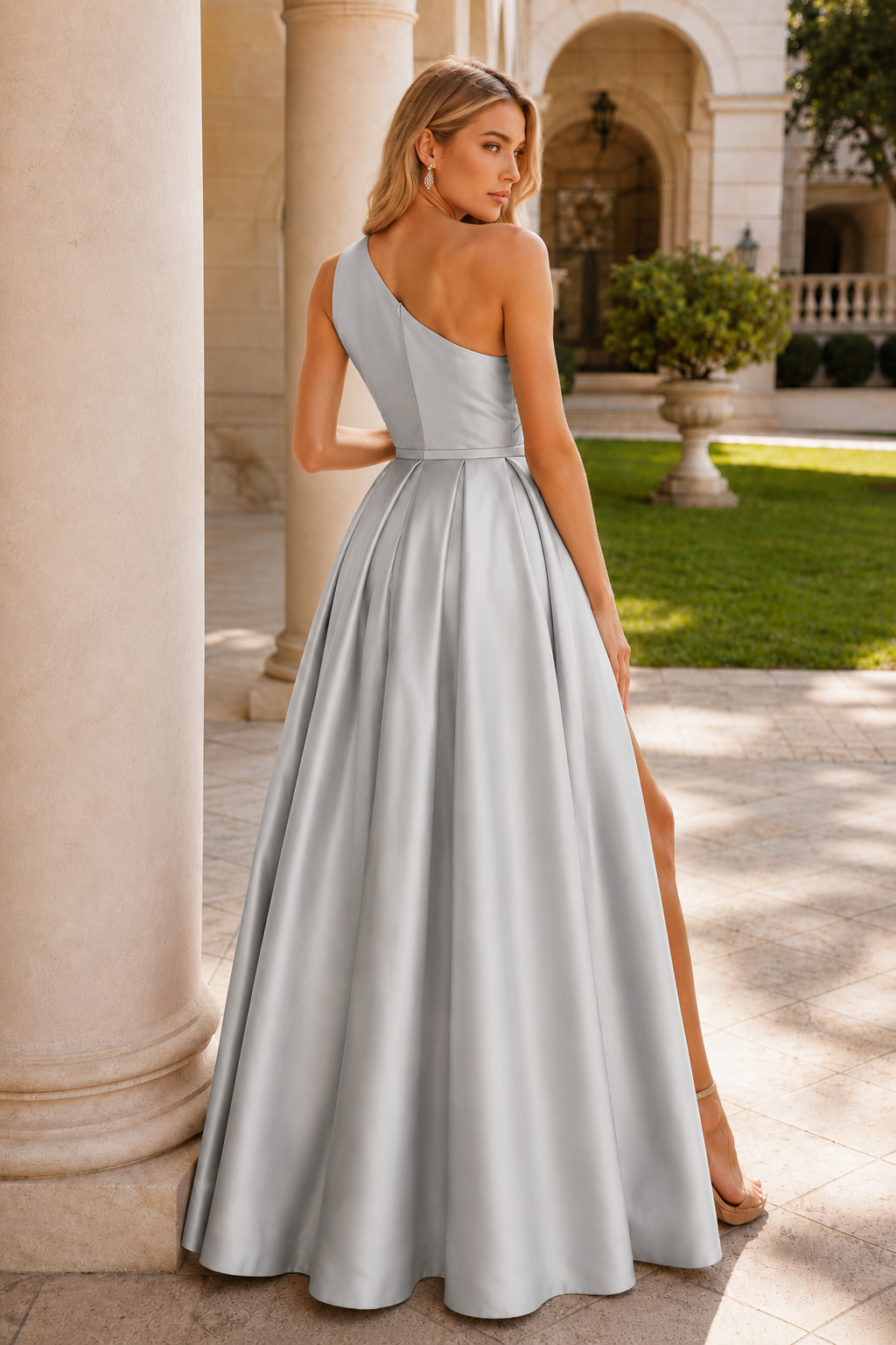 Kaldelle A Line One Shoulder Floor Length Satin Prom Dress- Style