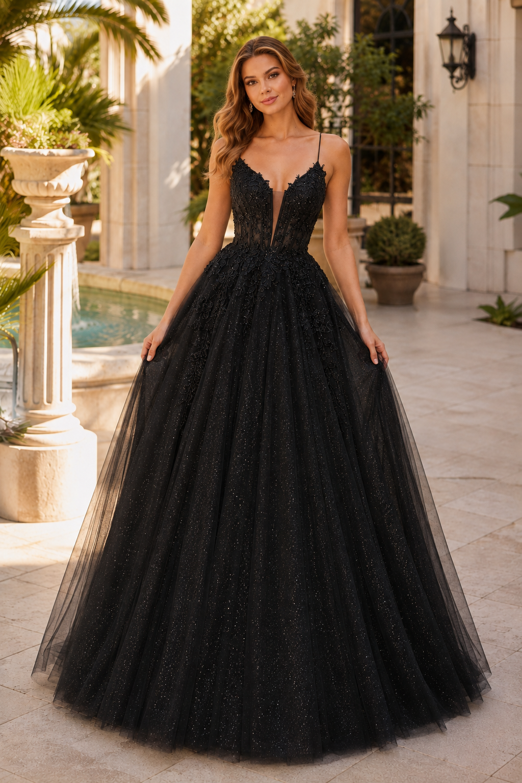 Arisette A Line V Neck Floor Length Tulle Prom Dress- Style