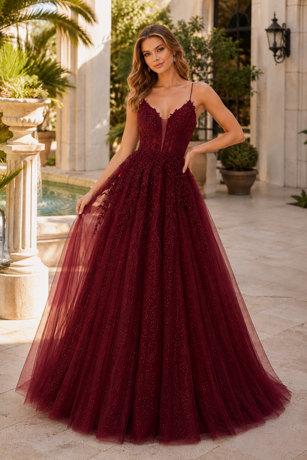 Arisette A Line V Neck Floor Length Tulle Prom Dress- Style