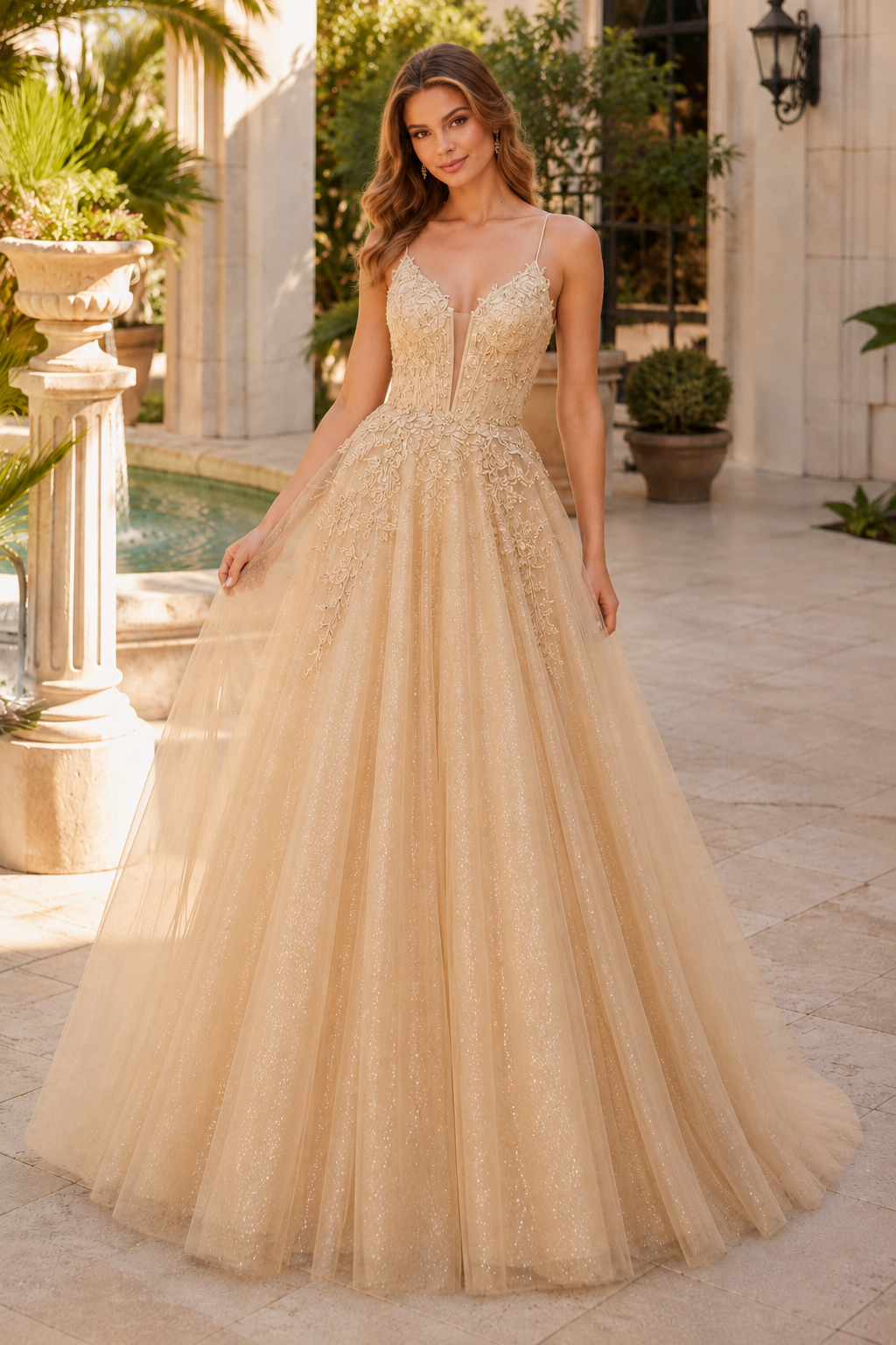 Arisette A Line V Neck Floor Length Tulle Prom Dress- Style