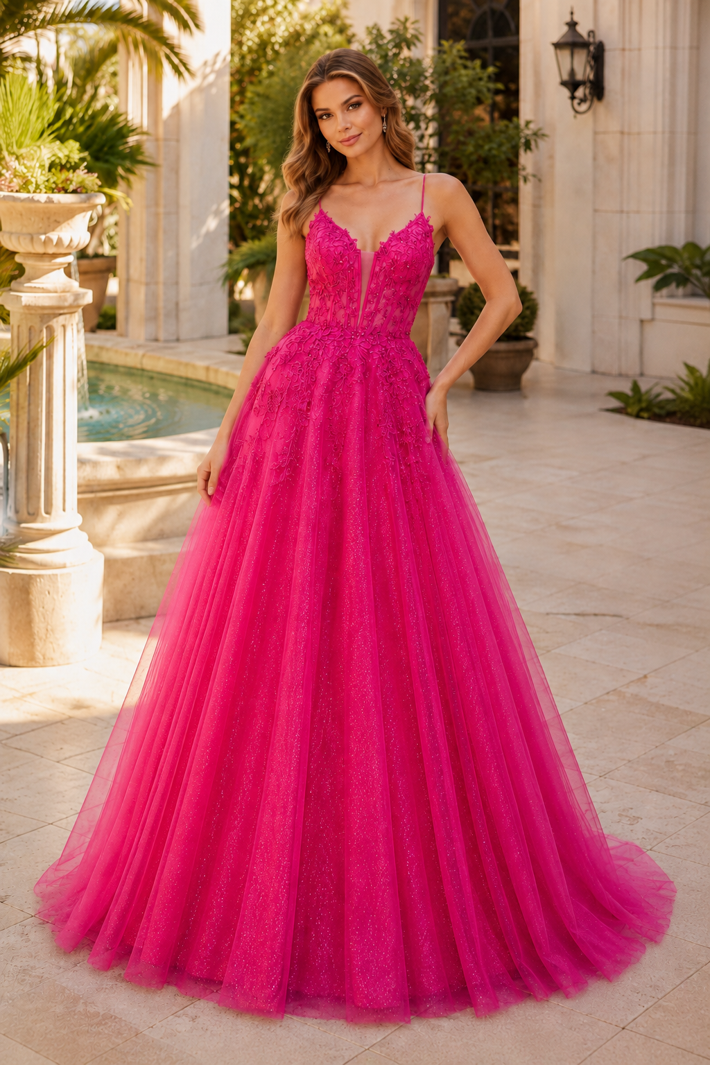 Arisette A Line V Neck Floor Length Tulle Prom Dress- Style