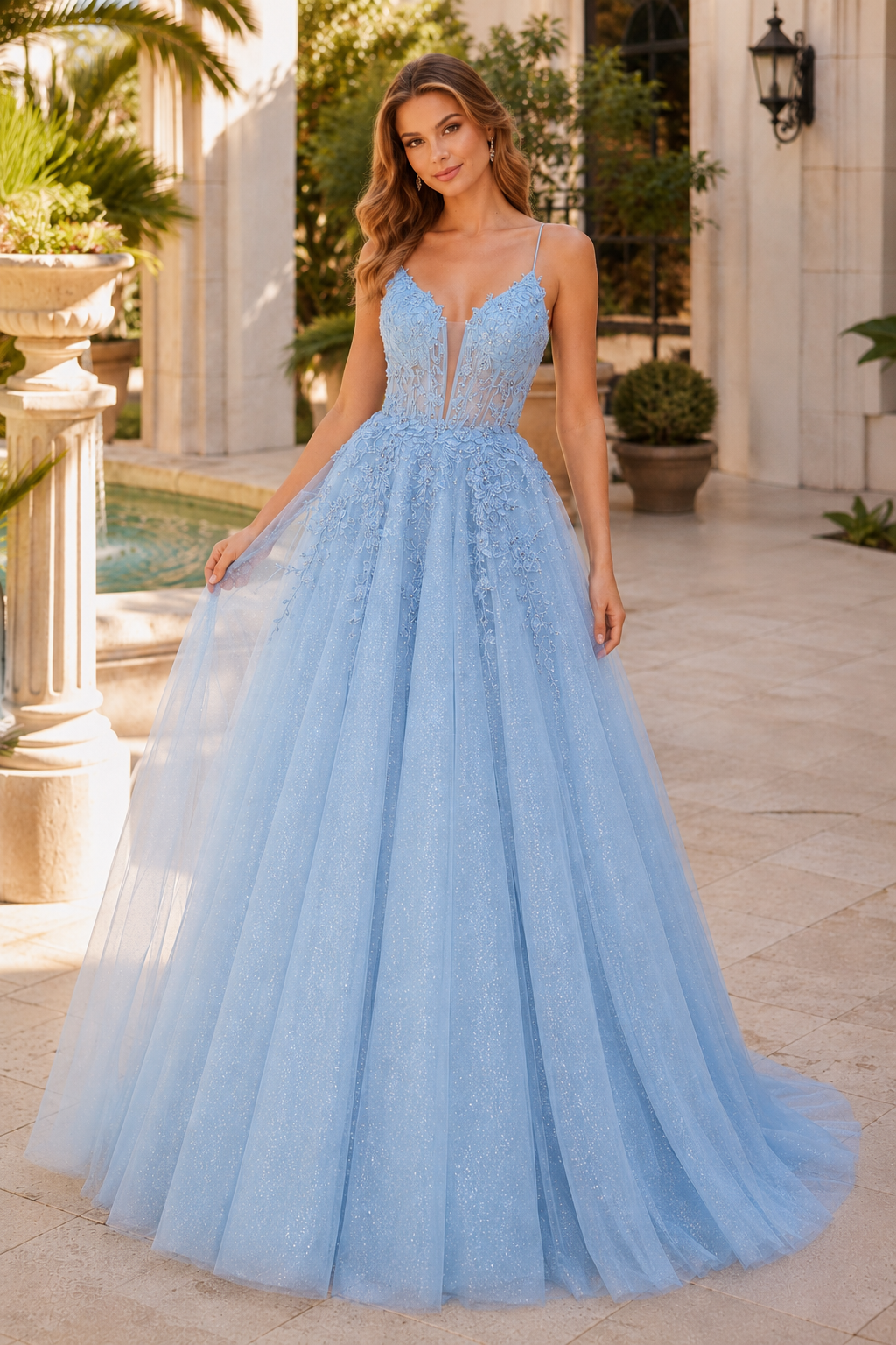 Arisette A Line V Neck Floor Length Tulle Prom Dress- Style