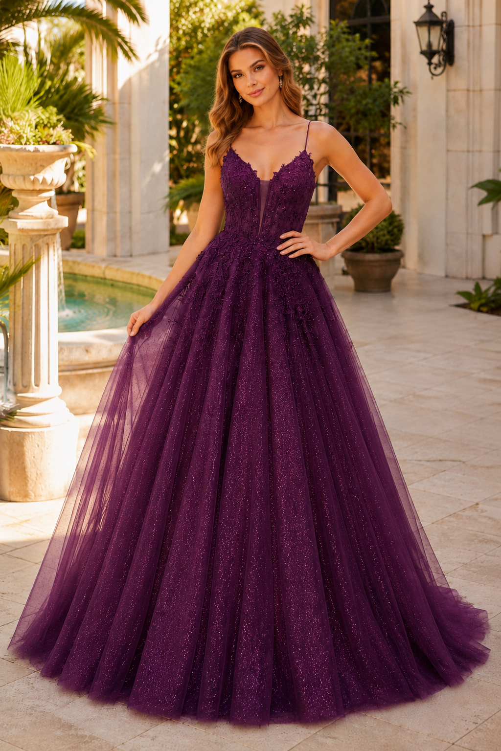 Arisette A Line V Neck Floor Length Tulle Prom Dress- Style