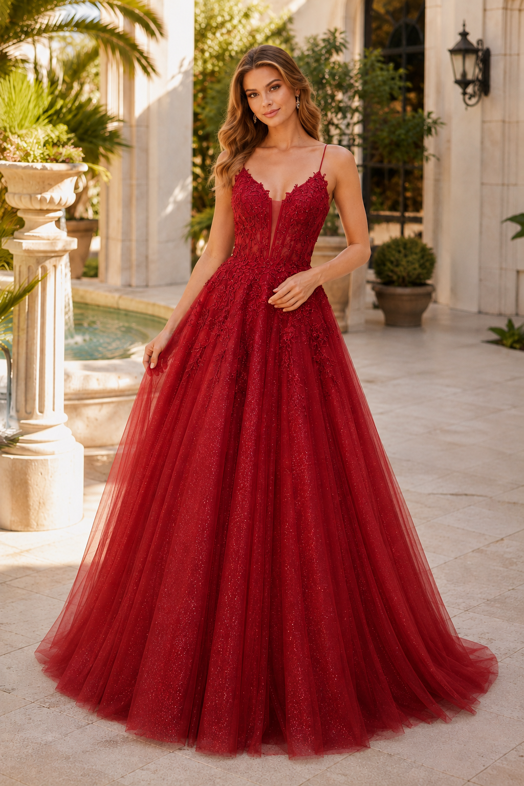 Arisette A Line V Neck Floor Length Tulle Prom Dress- Style
