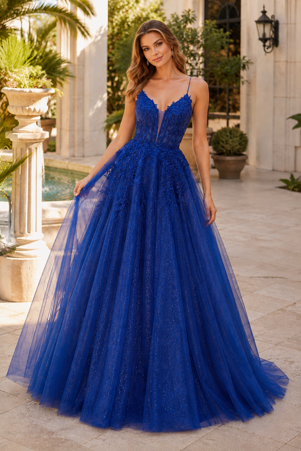 Arisette A Line V Neck Floor Length Tulle Prom Dress- Style