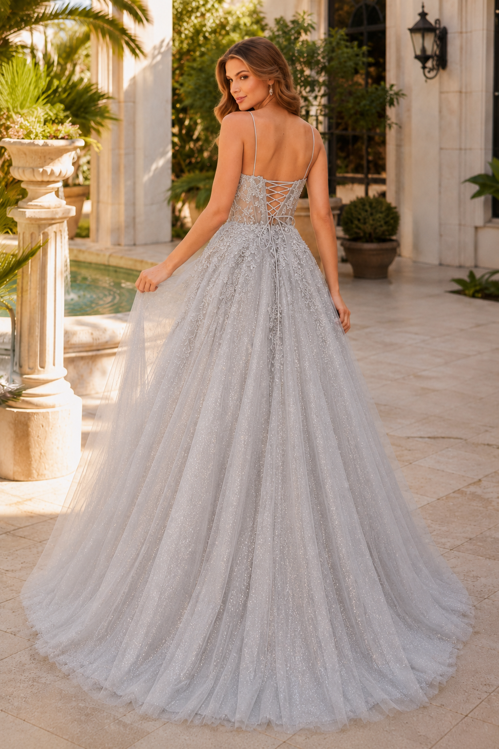 Arisette A Line V Neck Floor Length Tulle Prom Dress- Style