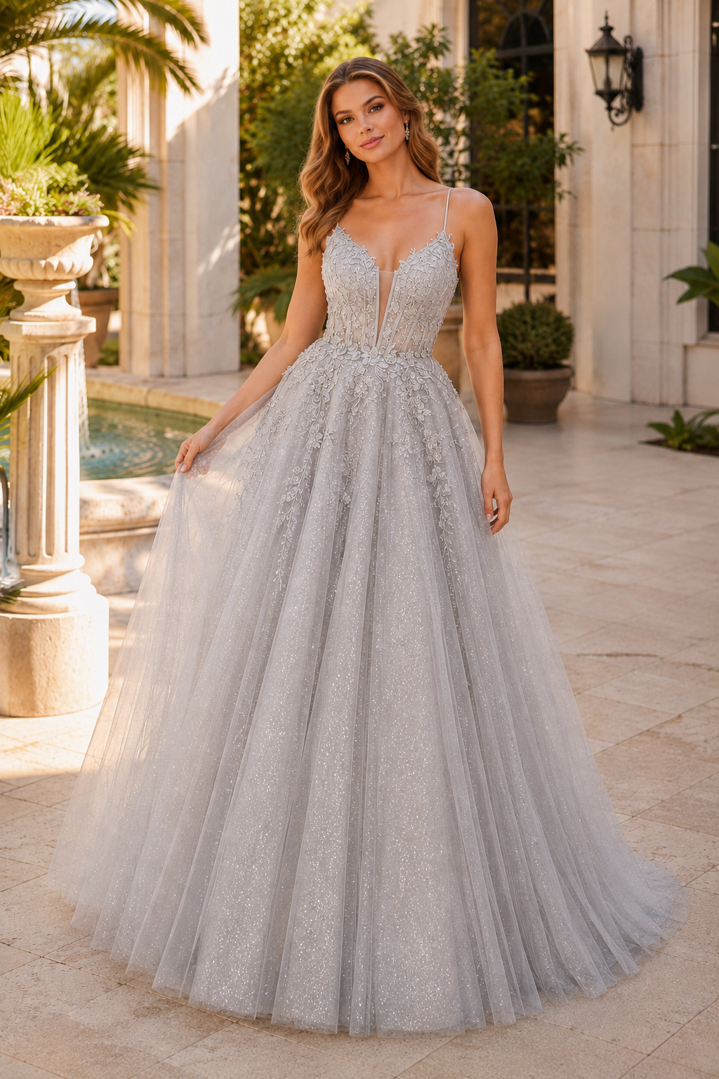 Arisette A Line V Neck Floor Length Tulle Prom Dress- Style
