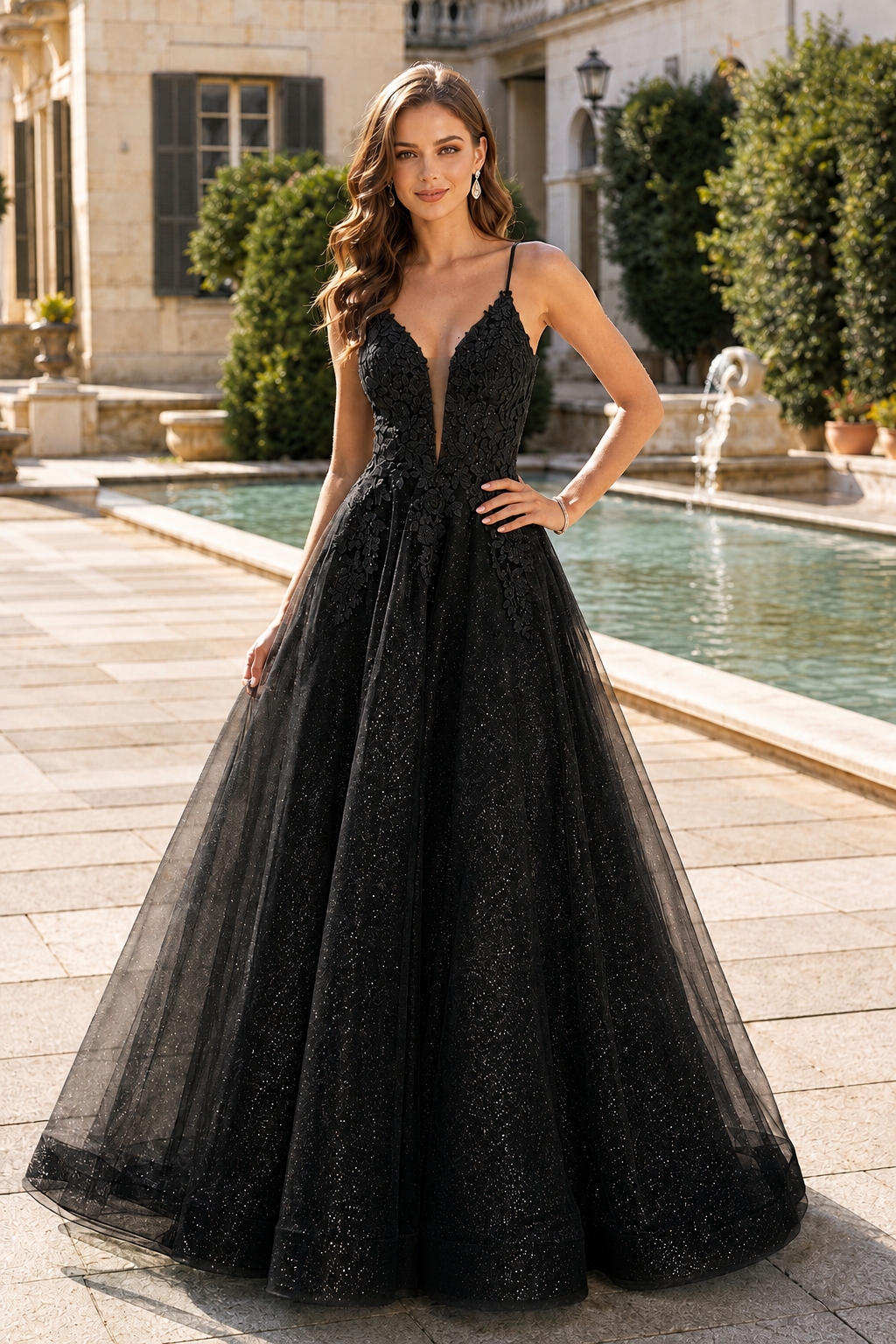 Arisette A Line V Neck Floor Length Tulle Prom Dress- Style