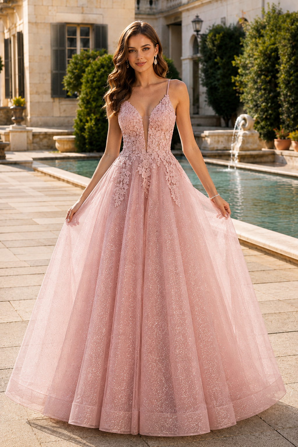 Arisette A Line V Neck Floor Length Tulle Prom Dress- Style