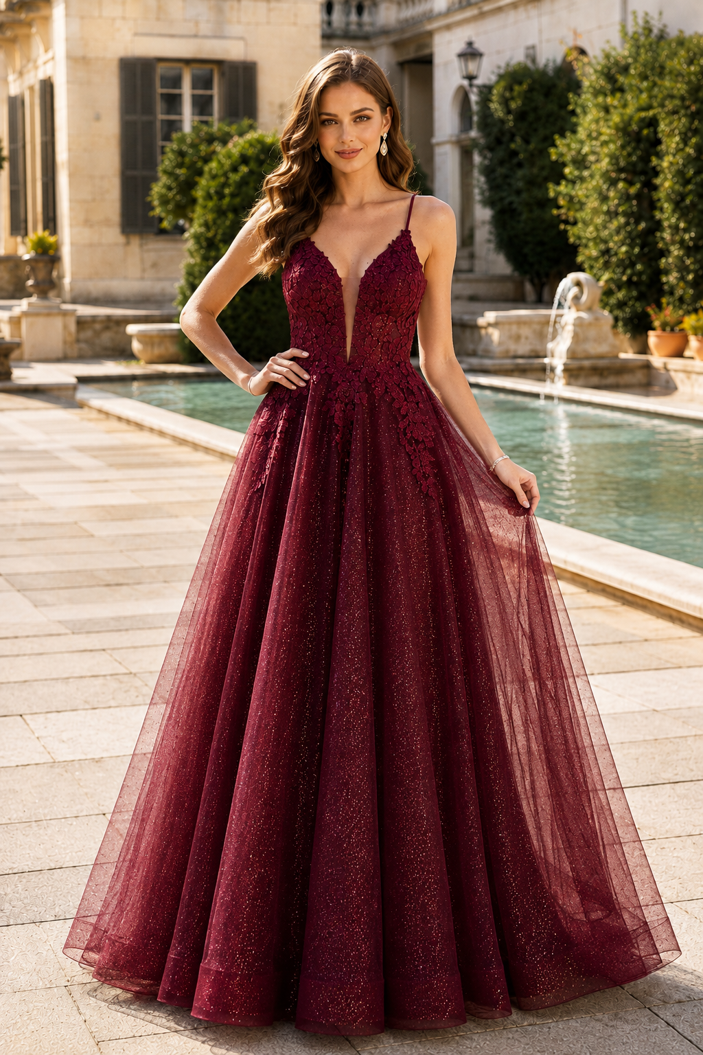 Arisette A Line V Neck Floor Length Tulle Prom Dress- Style
