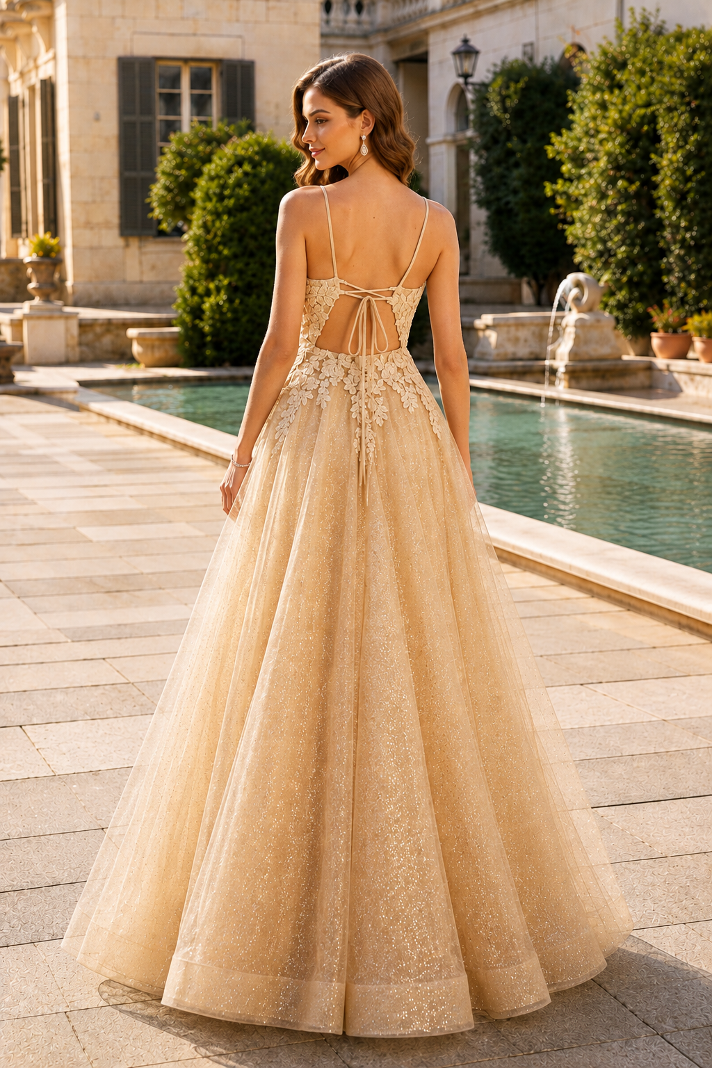 Arisette A Line V Neck Floor Length Tulle Prom Dress- Style