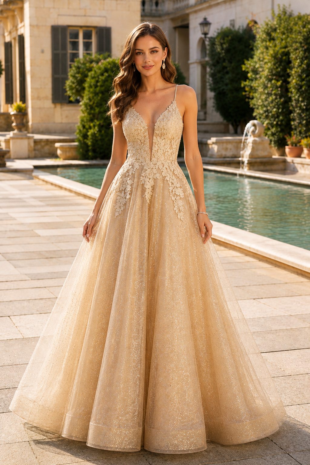 Arisette A Line V Neck Floor Length Tulle Prom Dress- Style