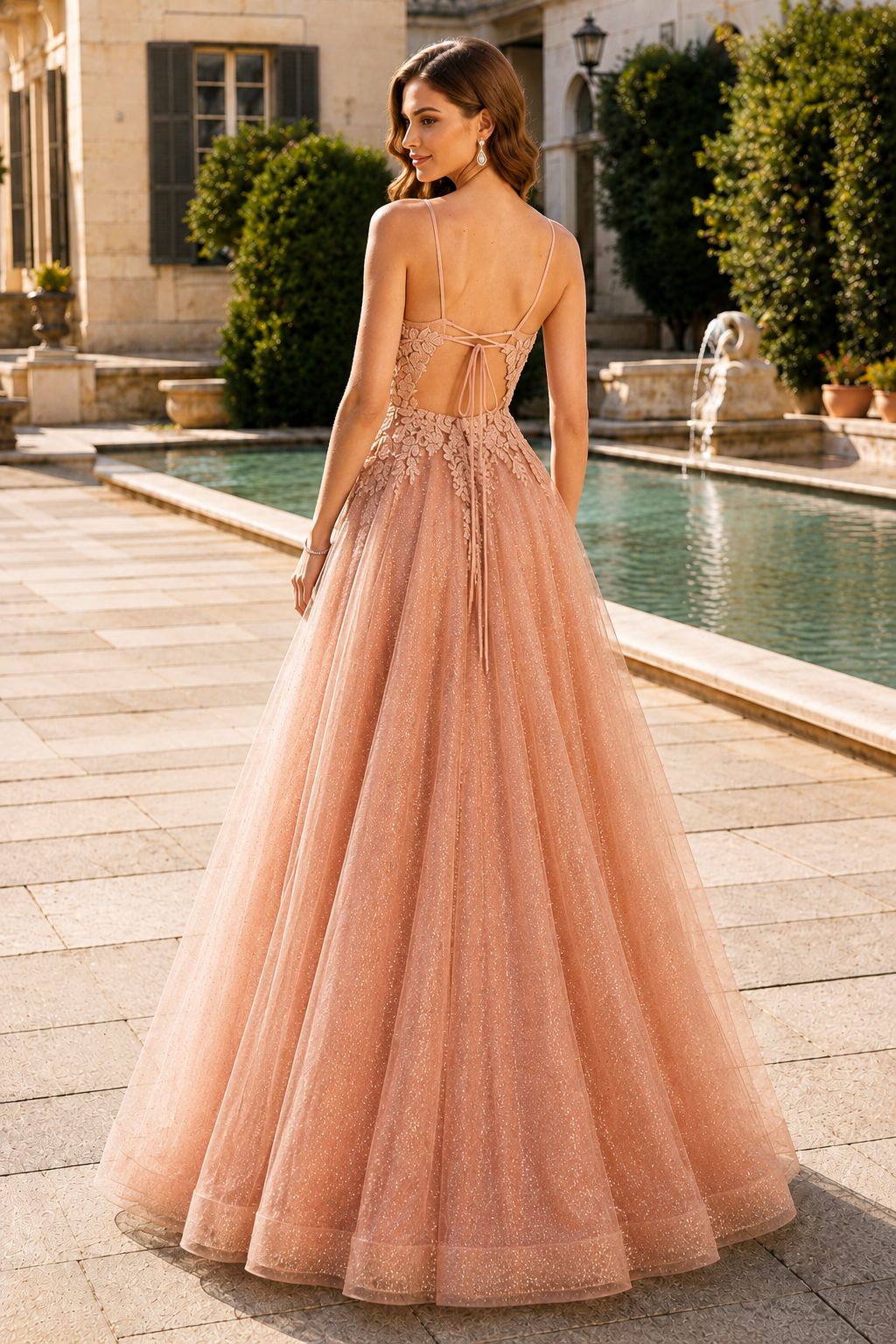 Arisette A Line V Neck Floor Length Tulle Prom Dress- Style