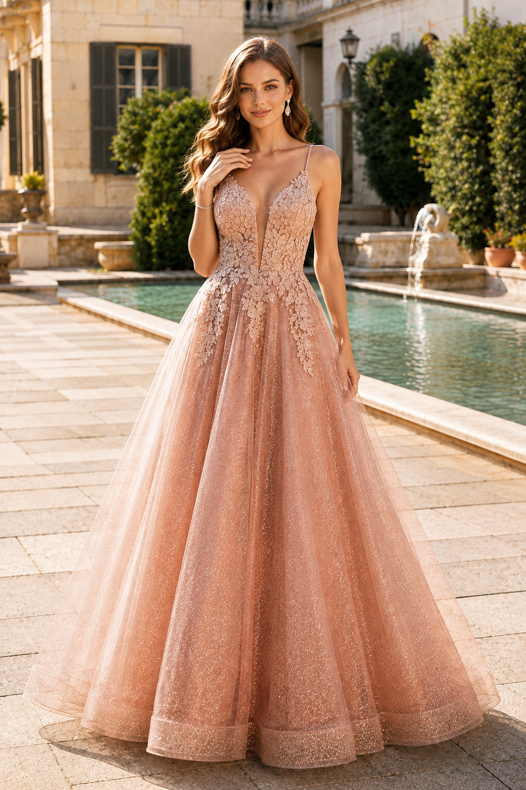 Arisette A Line V Neck Floor Length Tulle Prom Dress- Style