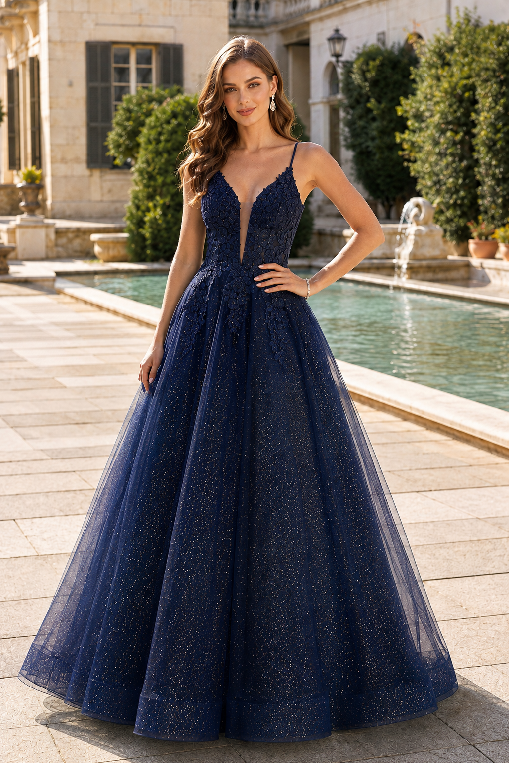 Arisette A Line V Neck Floor Length Tulle Prom Dress- Style
