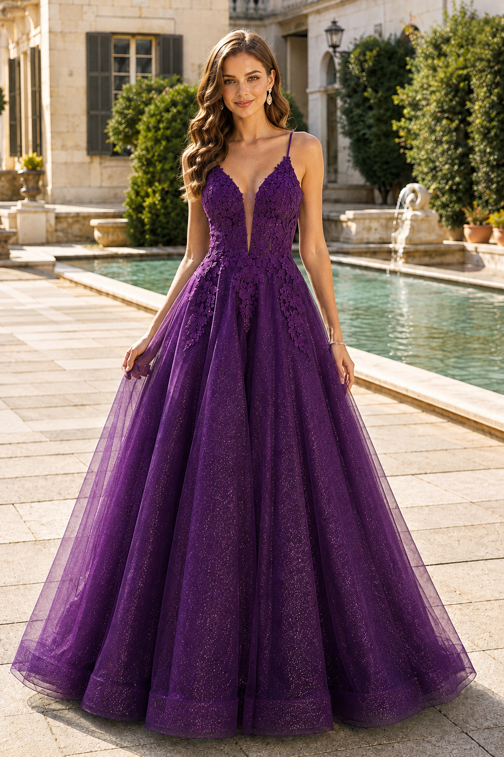 Arisette A Line V Neck Floor Length Tulle Prom Dress- Style