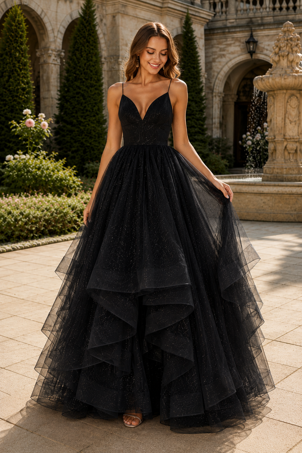 Arisette A Line V Neck Floor Length Tulle Prom Dress- Style