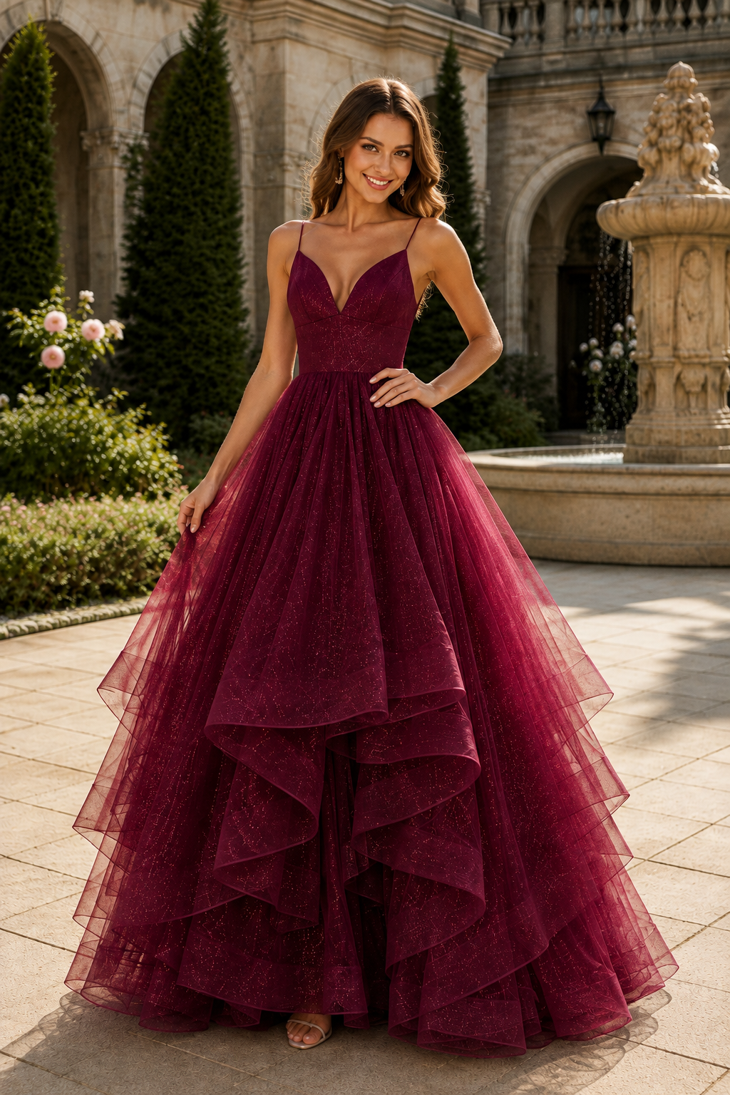 Arisette A Line V Neck Floor Length Tulle Prom Dress- Style
