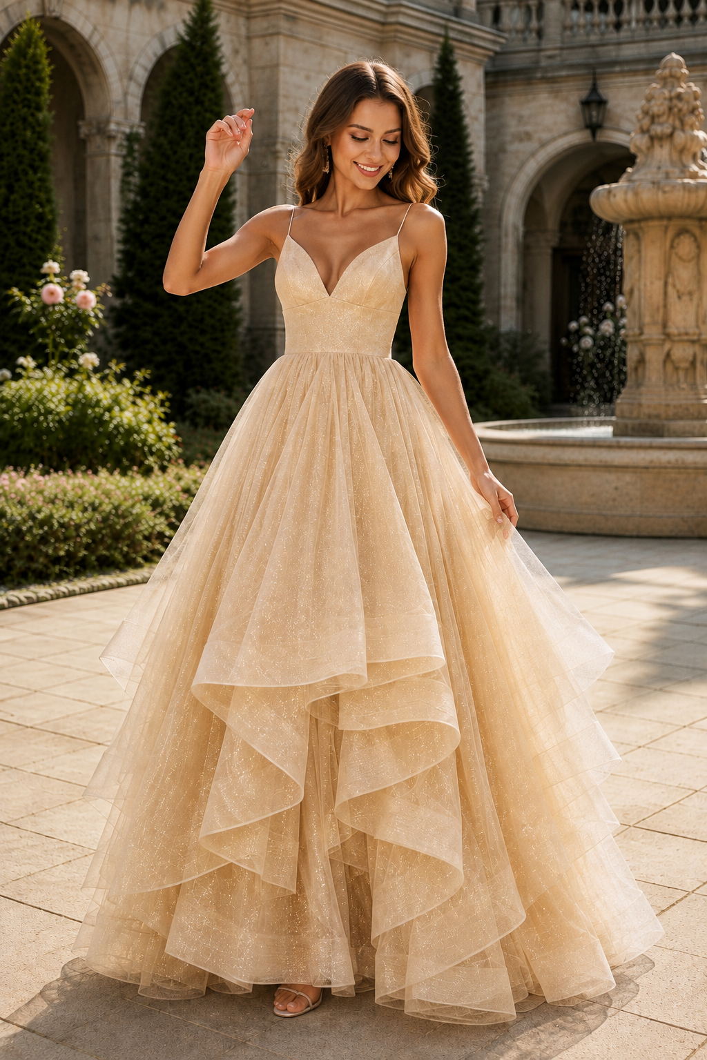 Arisette A Line V Neck Floor Length Tulle Prom Dress- Style