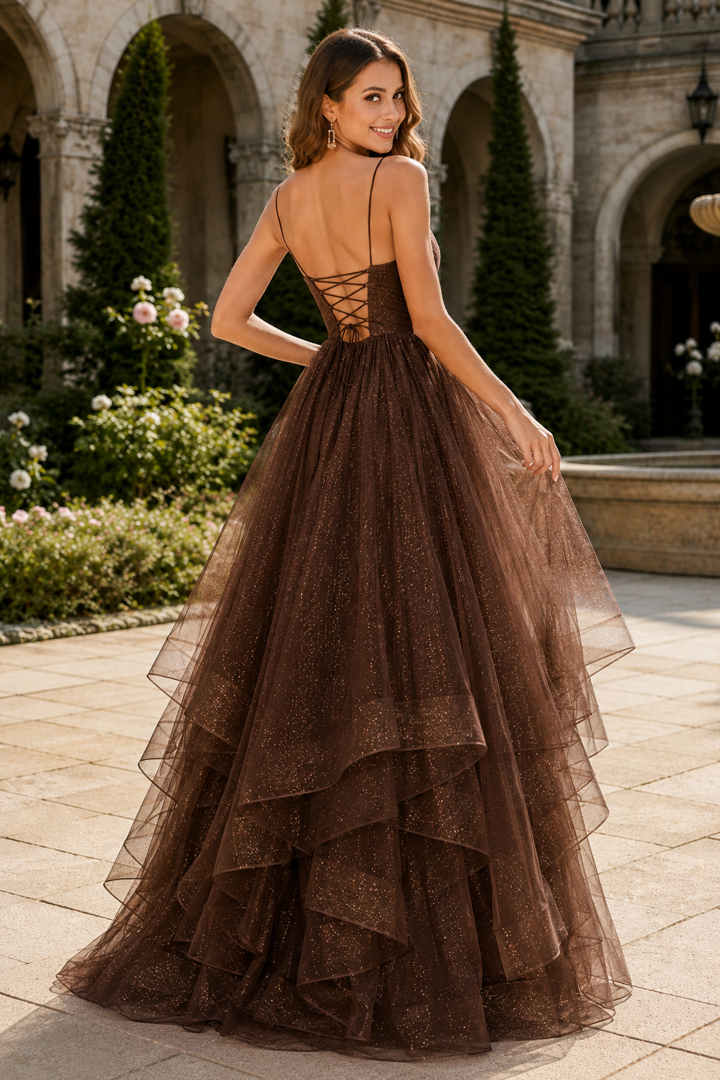Arisette A Line V Neck Floor Length Tulle Prom Dress- Style