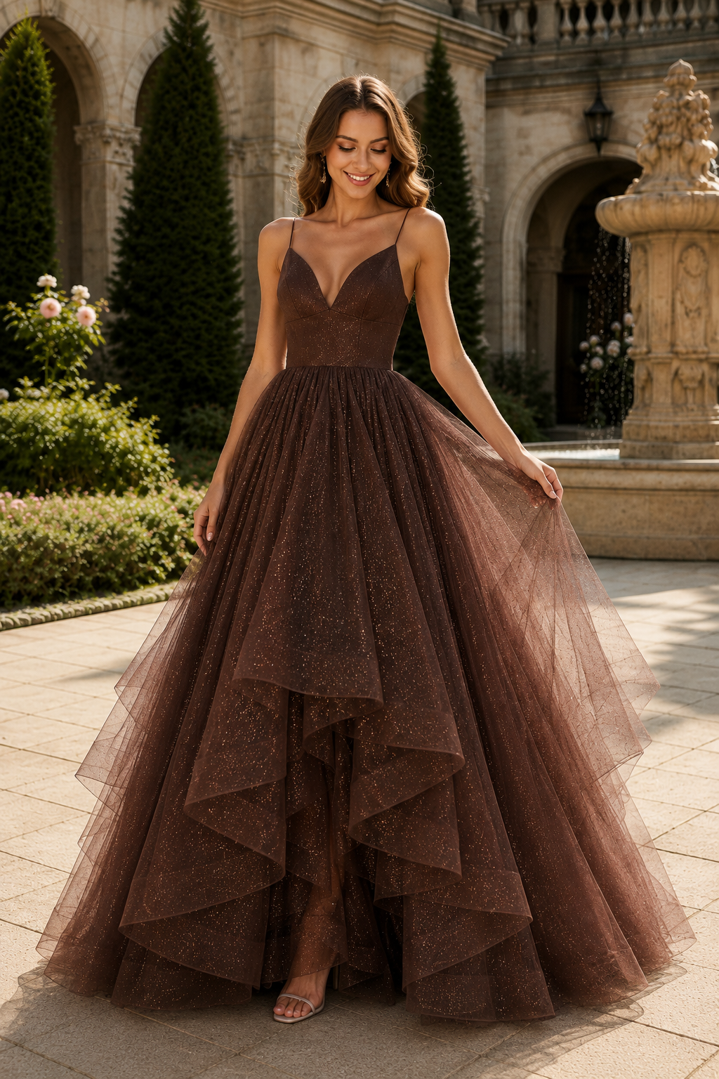 Arisette A Line V Neck Floor Length Tulle Prom Dress- Style
