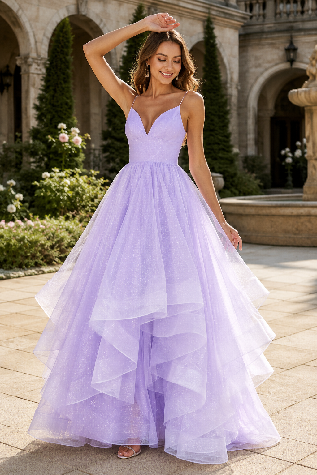 Arisette A Line V Neck Floor Length Tulle Prom Dress- Style