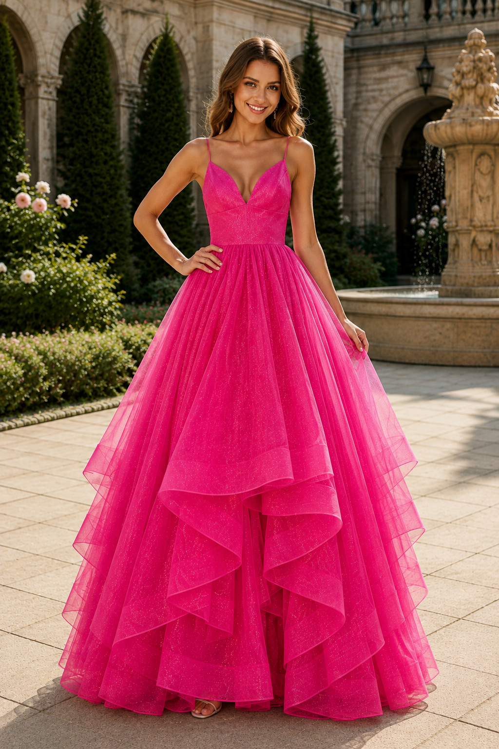 Arisette A Line V Neck Floor Length Tulle Prom Dress- Style