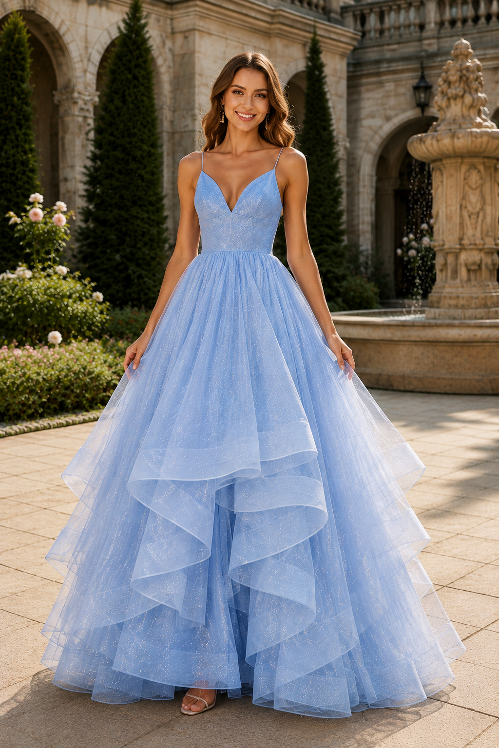 Arisette A Line V Neck Floor Length Tulle Prom Dress- Style