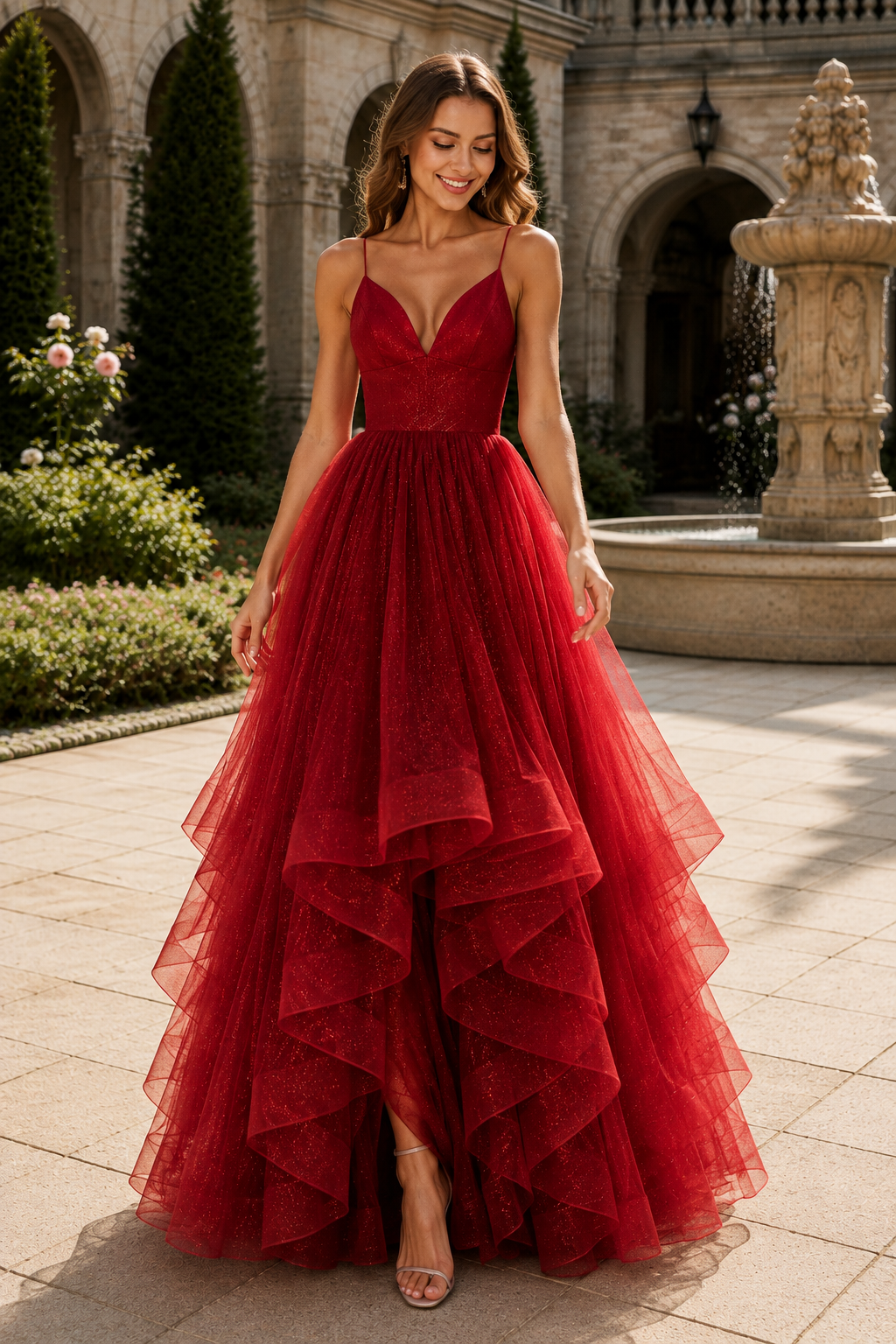 Arisette A Line V Neck Floor Length Tulle Prom Dress- Style