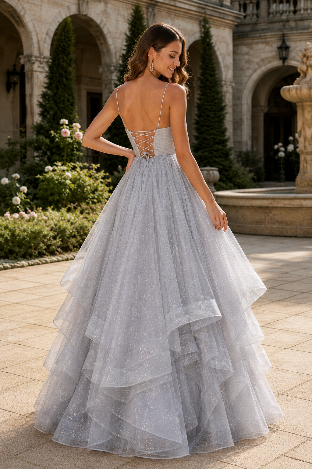 Arisette A Line V Neck Floor Length Tulle Prom Dress- Style