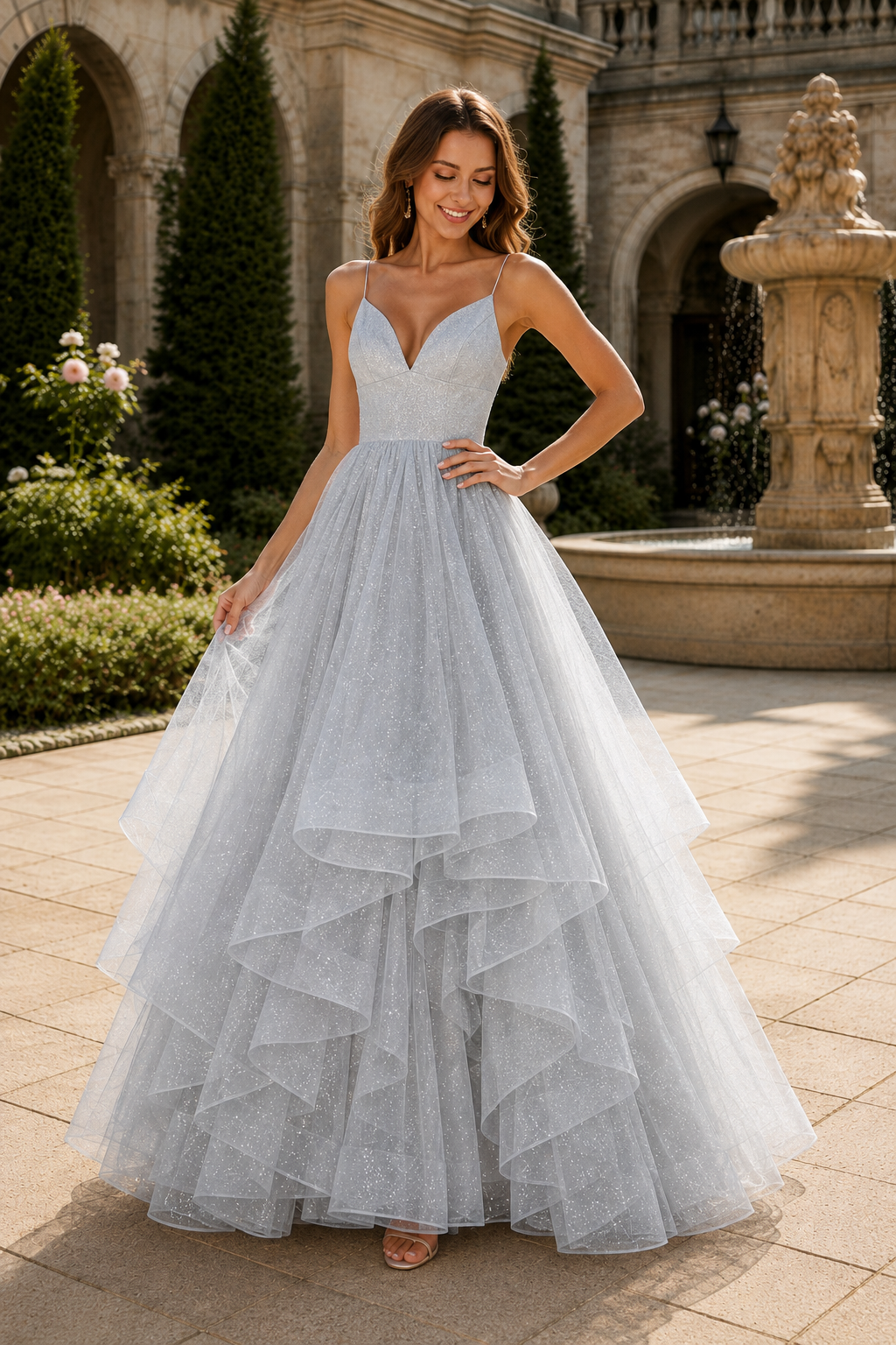 Arisette A Line V Neck Floor Length Tulle Prom Dress- Style