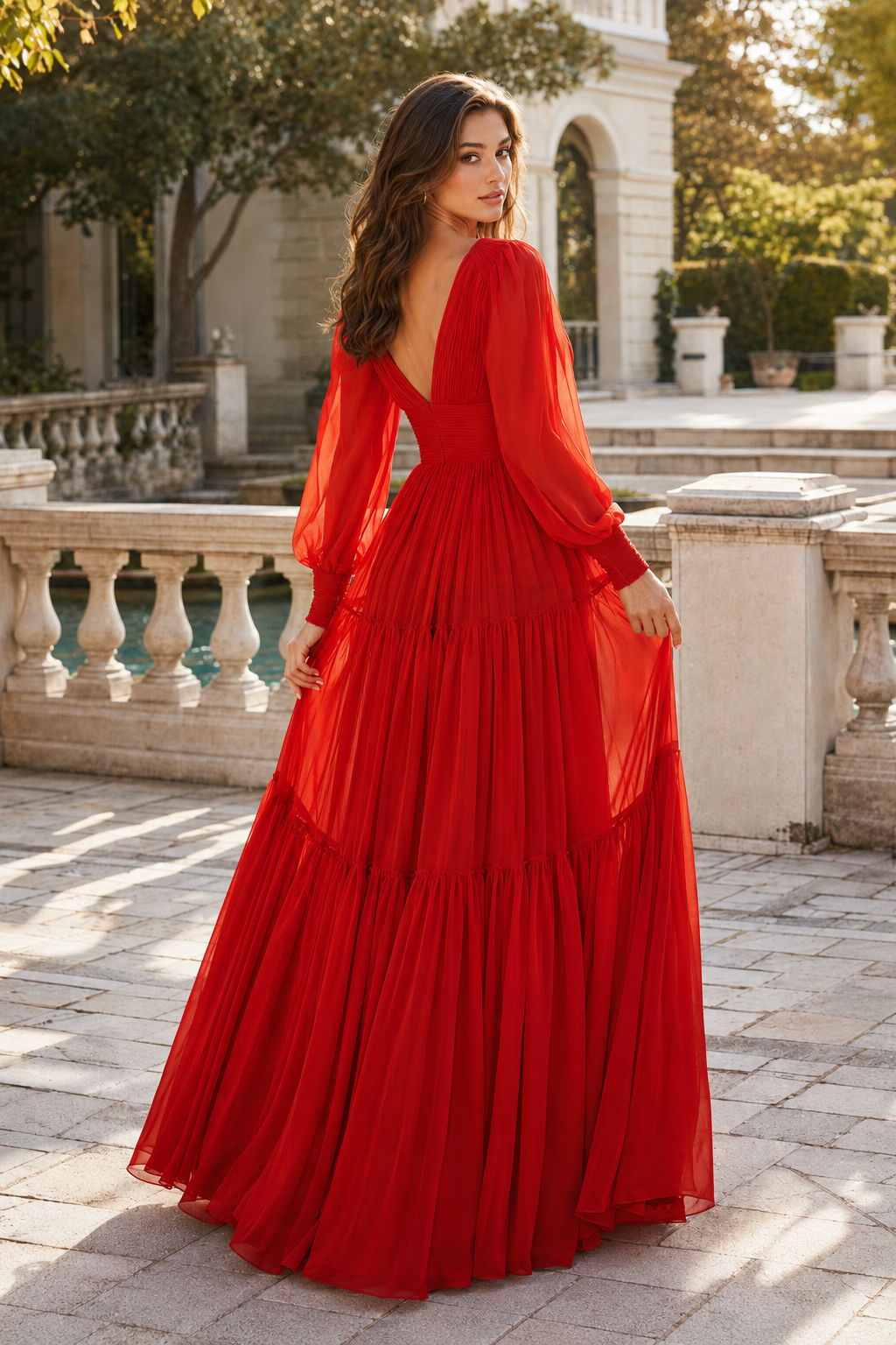 Celdora A Line V Neck Full Long Sleeve Floor Length Chiffon Prom Dress