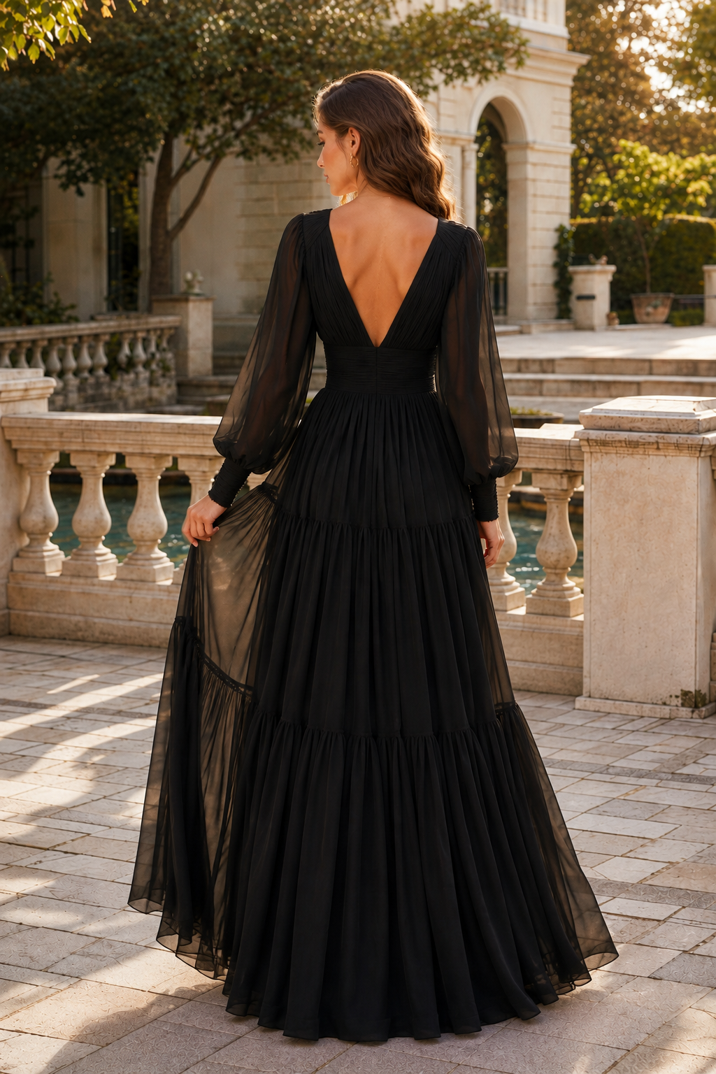 Celdora A Line V Neck Full Long Sleeve Floor Length Chiffon Prom Dress