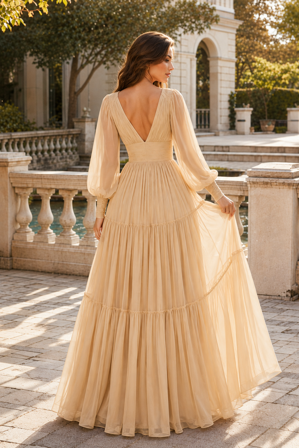 Celdora A Line V Neck Full Long Sleeve Floor Length Chiffon Prom Dress