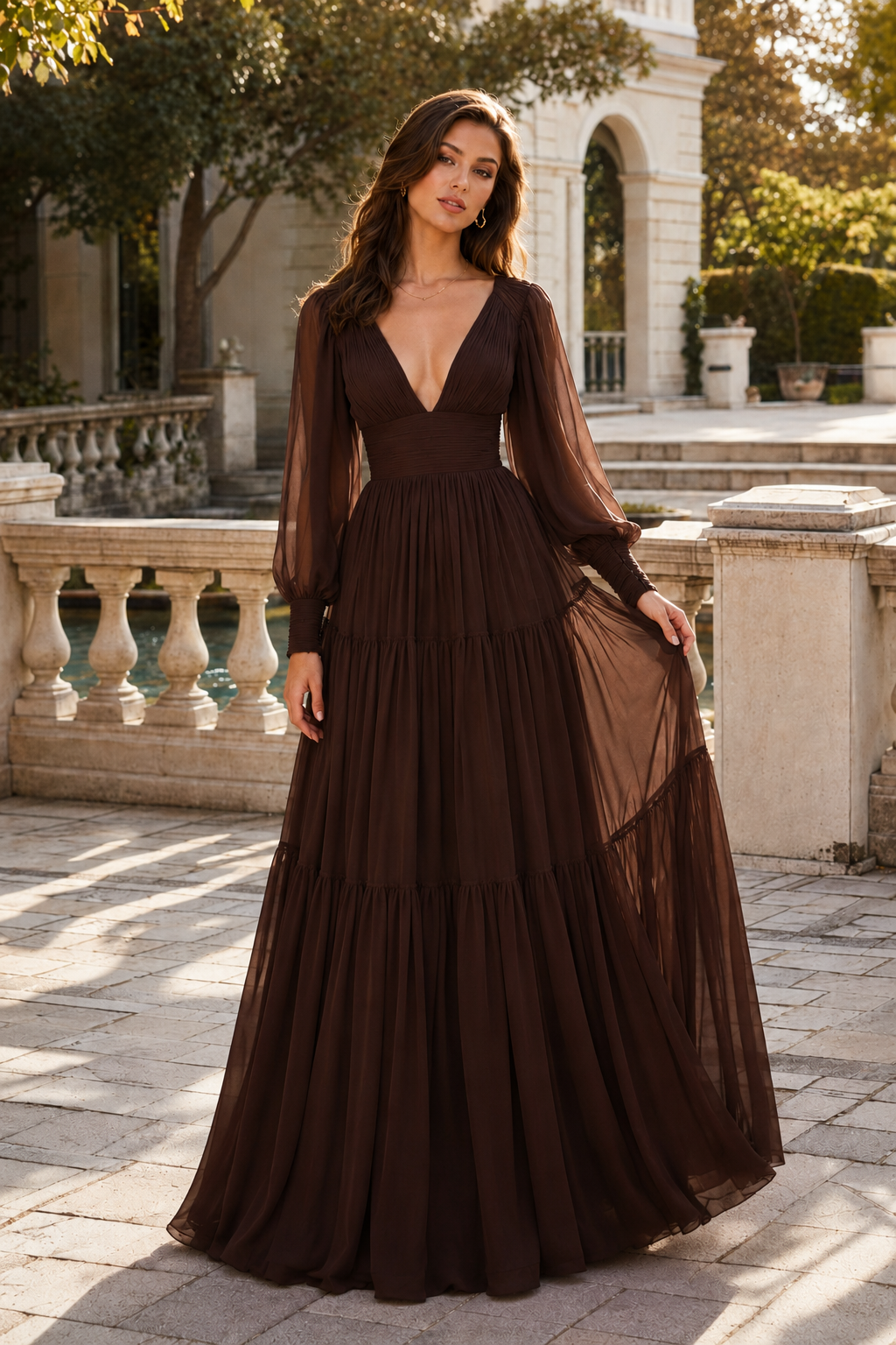 Celdora A Line V Neck Full Long Sleeve Floor Length Chiffon Prom Dress