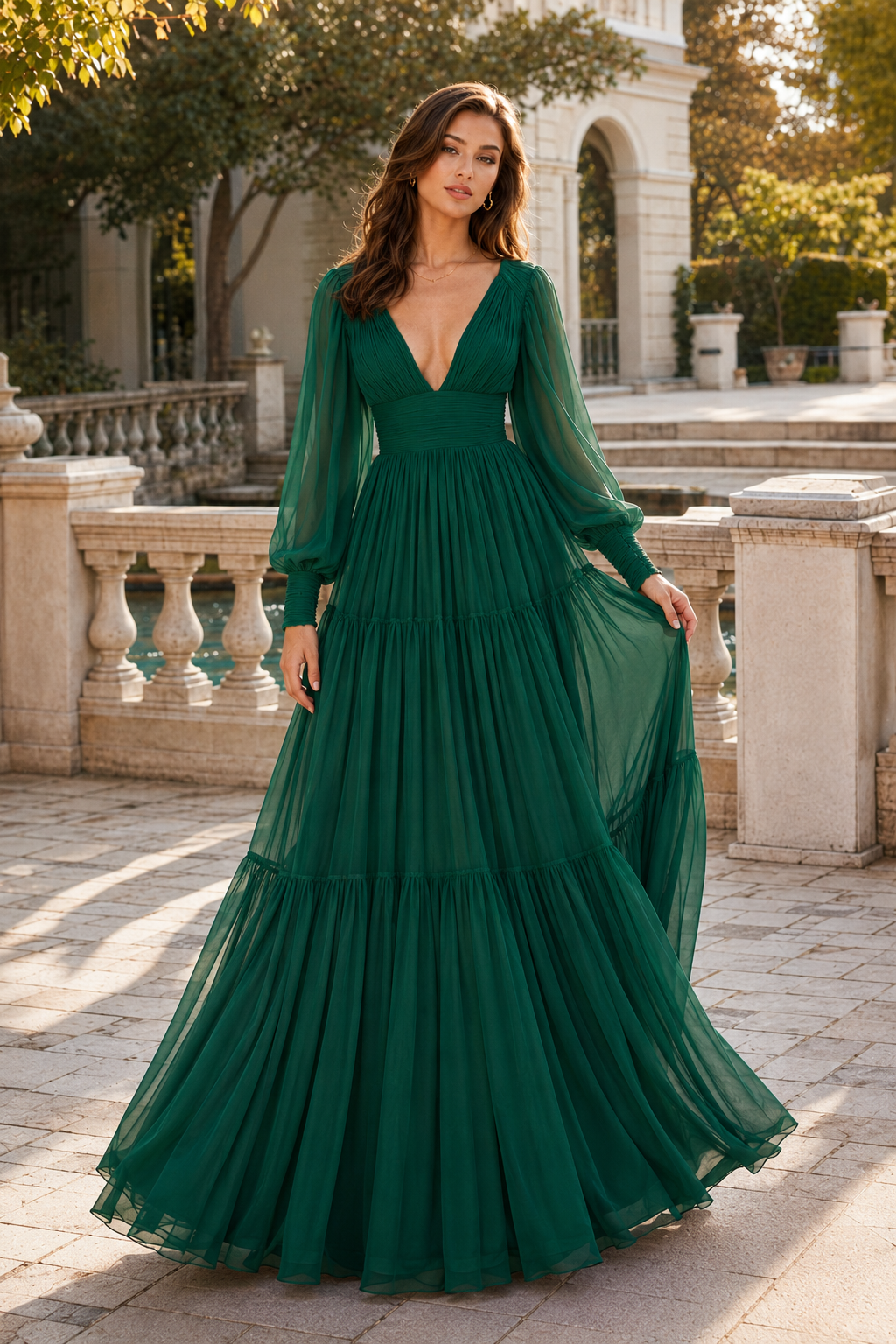 Celdora A Line V Neck Full Long Sleeve Floor Length Chiffon Prom Dress