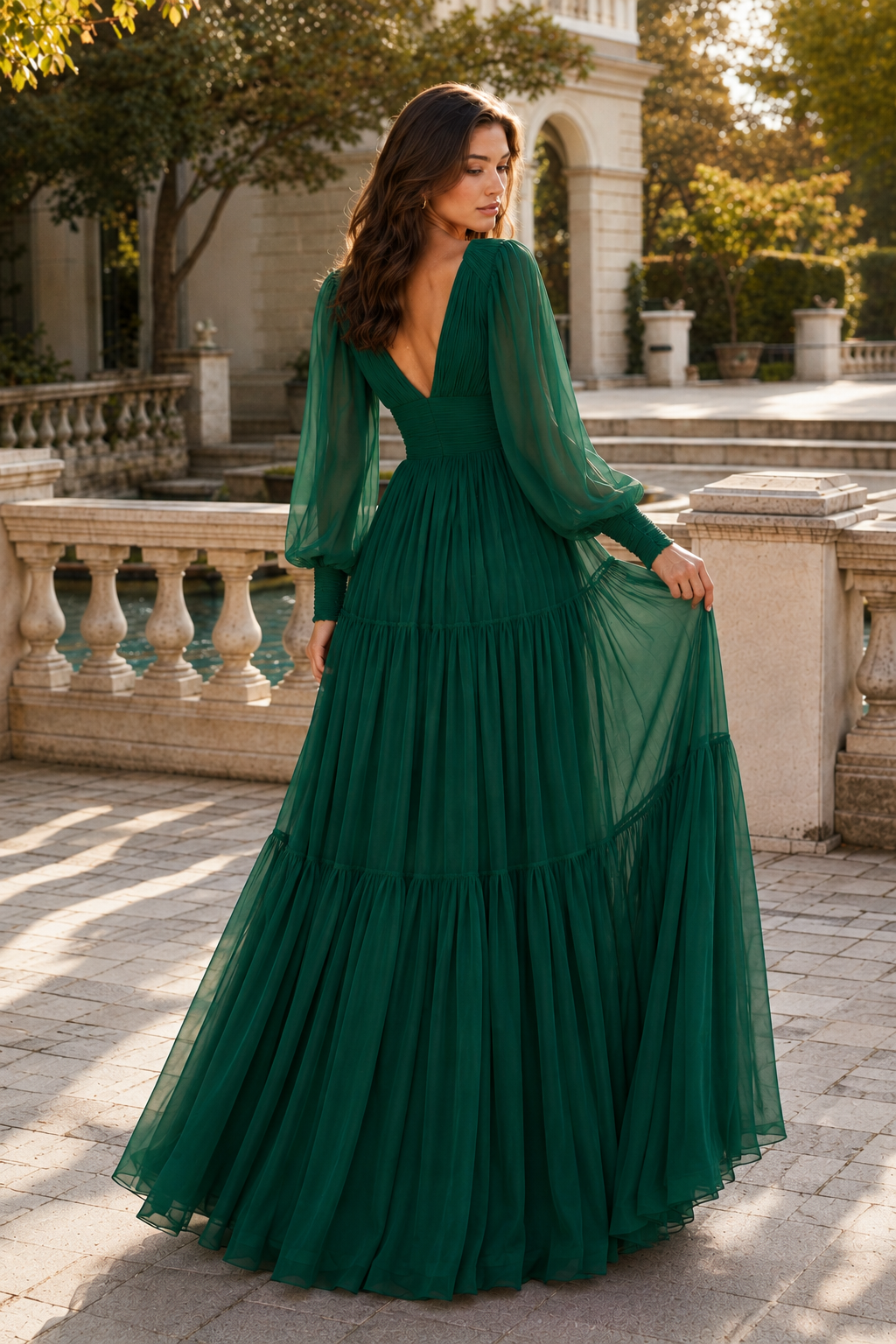 Celdora A Line V Neck Full Long Sleeve Floor Length Chiffon Prom Dress
