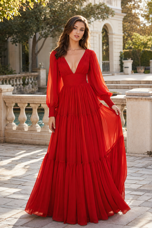 Celdora A Line V Neck Full Long Sleeve Floor Length Chiffon Prom Dress