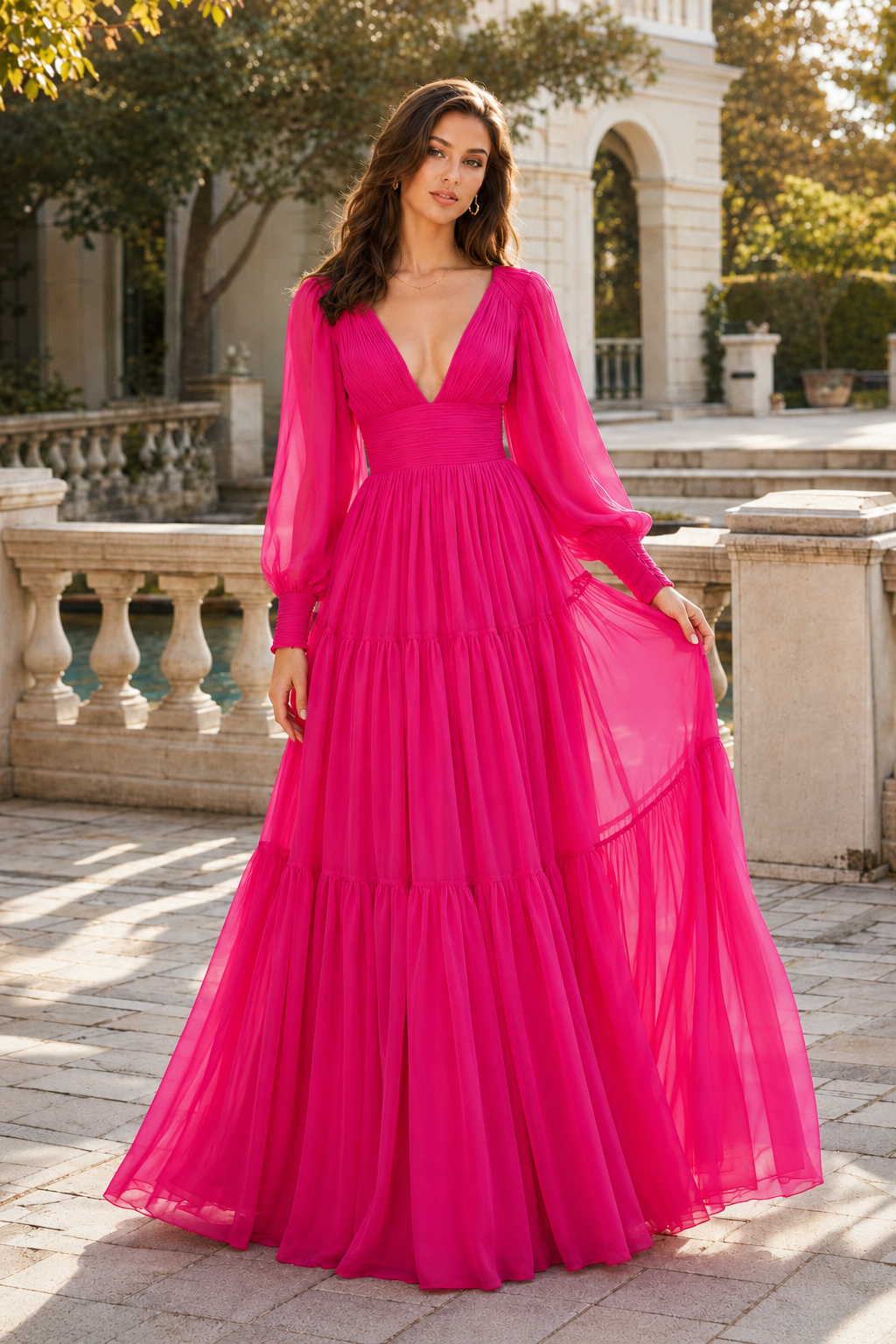 Celdora A Line V Neck Full Long Sleeve Floor Length Chiffon Prom Dress