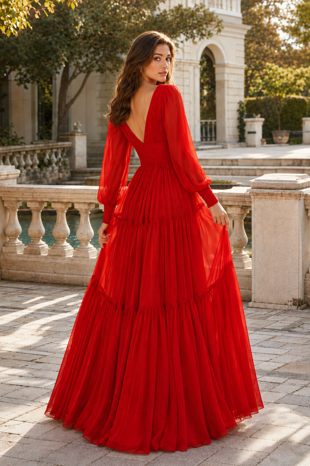 Celdora A Line V Neck Full Long Sleeve Floor Length Chiffon Prom Dress