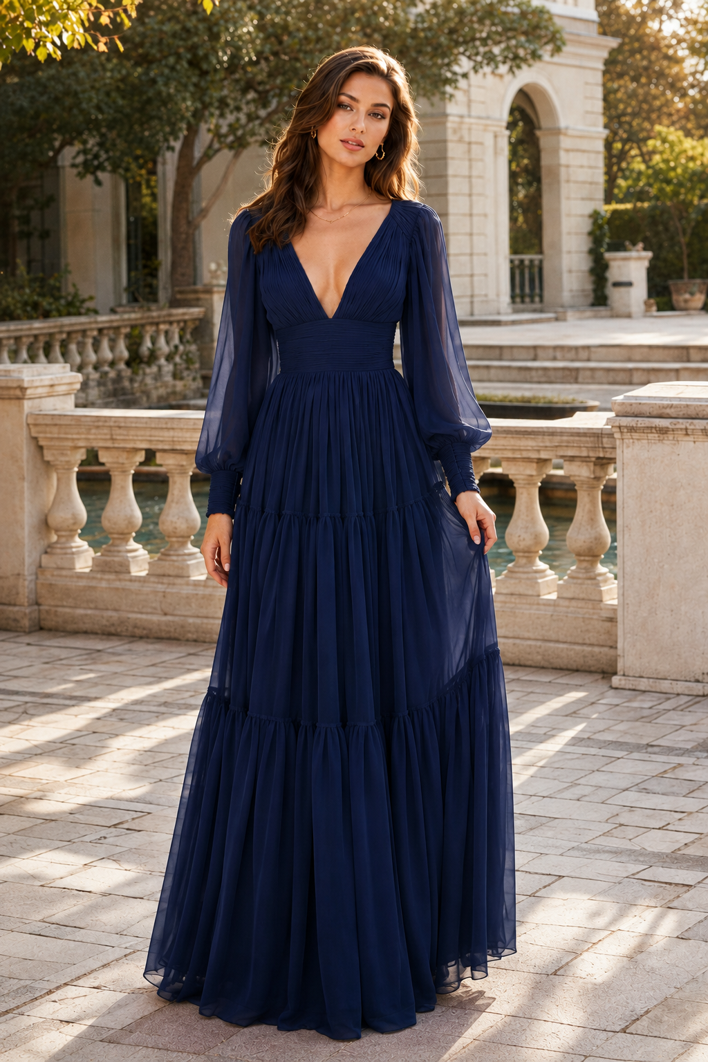 Celdora A Line V Neck Full Long Sleeve Floor Length Chiffon Prom Dress