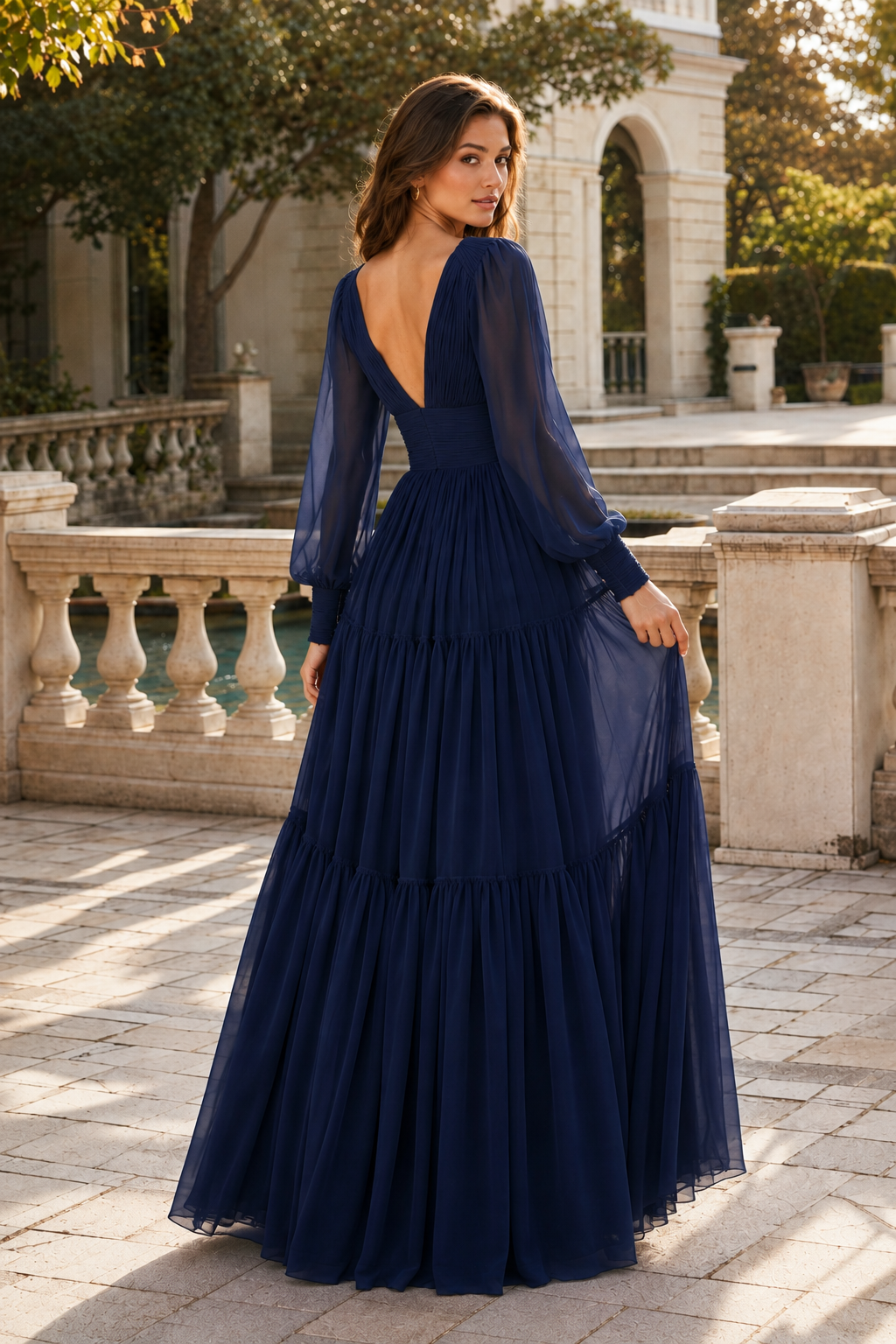 Celdora A Line V Neck Full Long Sleeve Floor Length Chiffon Prom Dress