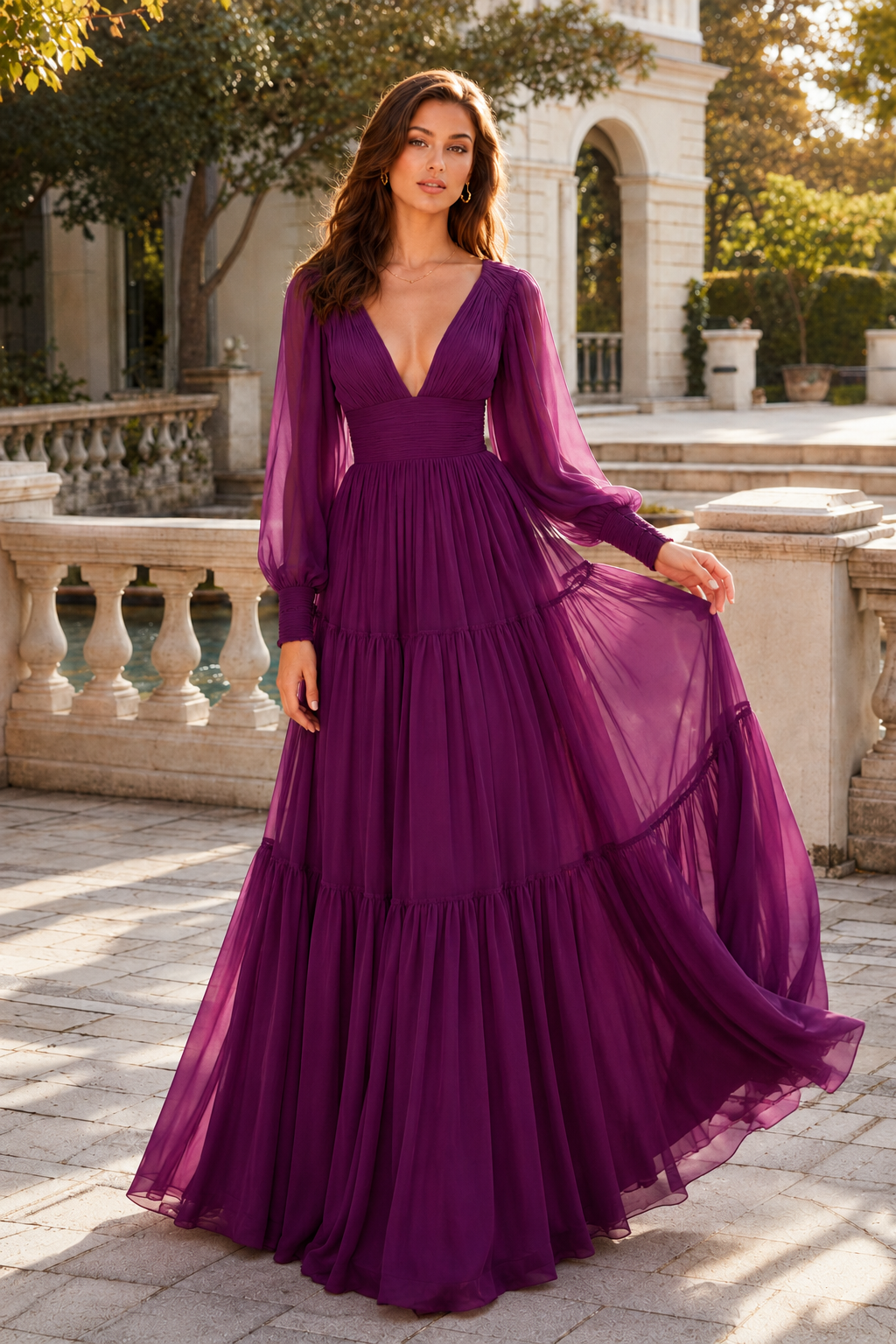 Celdora A Line V Neck Full Long Sleeve Floor Length Chiffon Prom Dress