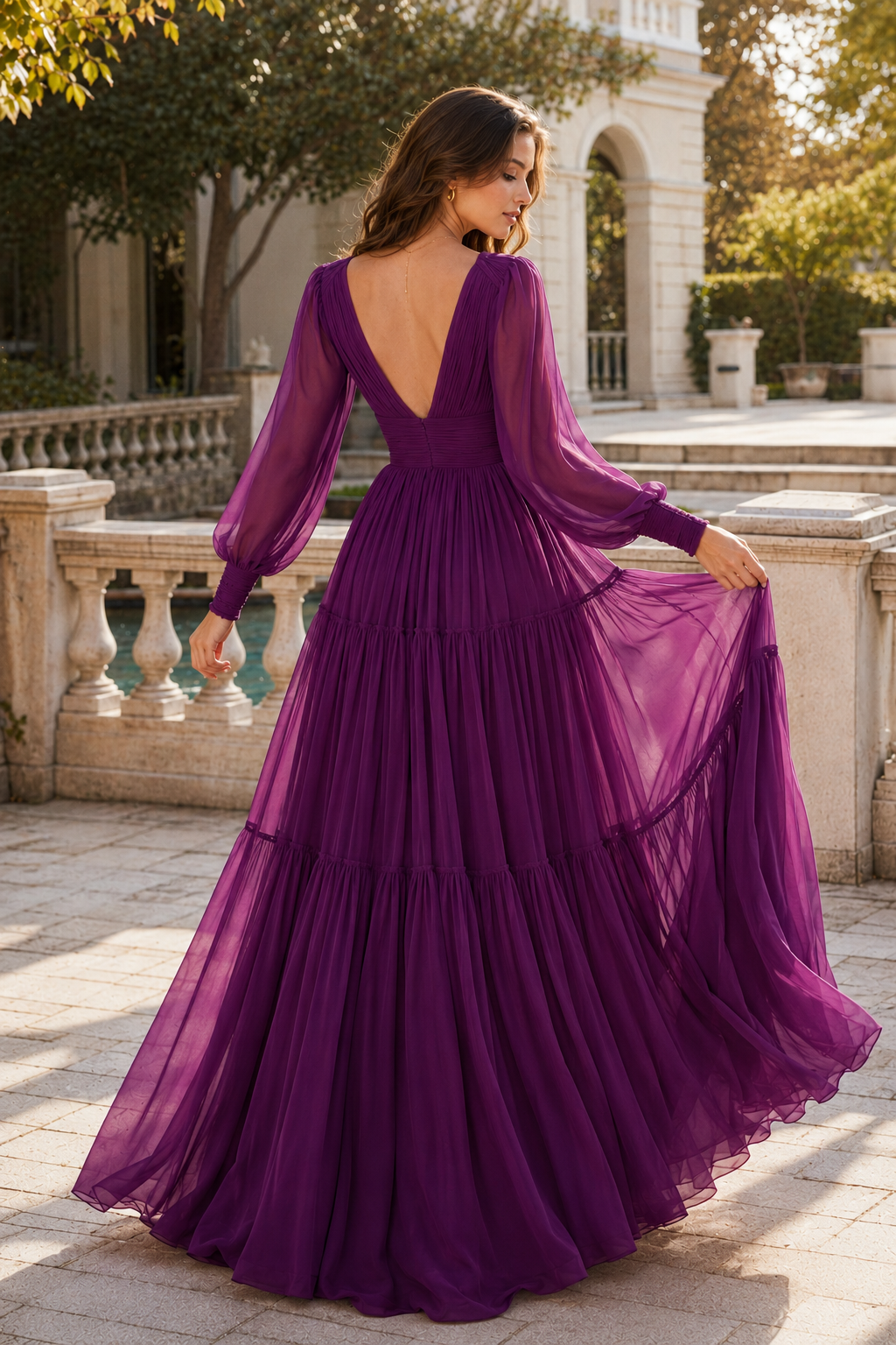 Celdora A Line V Neck Full Long Sleeve Floor Length Chiffon Prom Dress