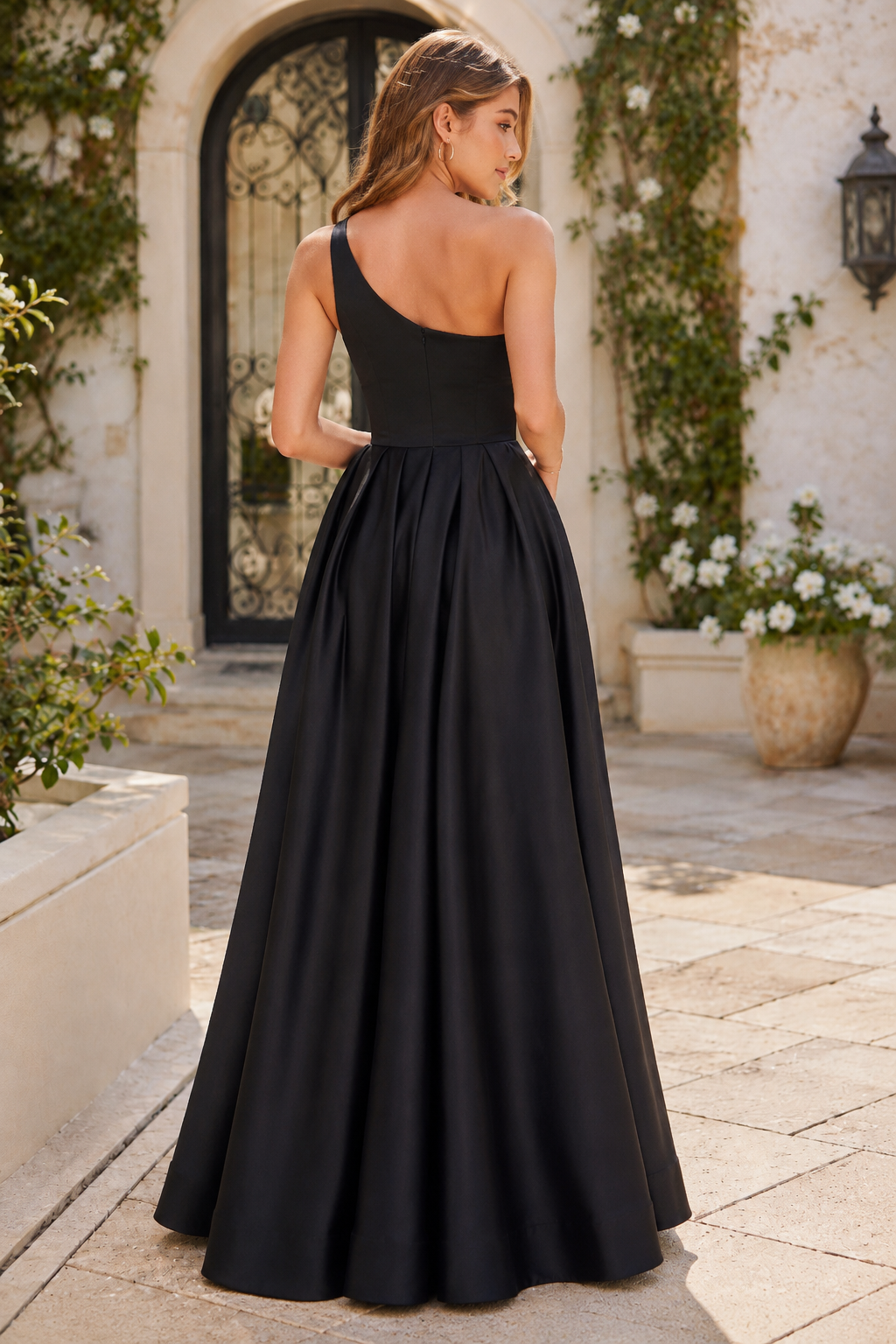 Kaldelle A Line One Shoulder Floor Length Satin Prom Dress- Style