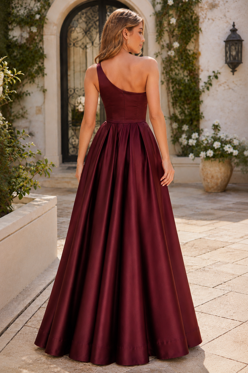 Kaldelle A Line One Shoulder Floor Length Satin Prom Dress- Style