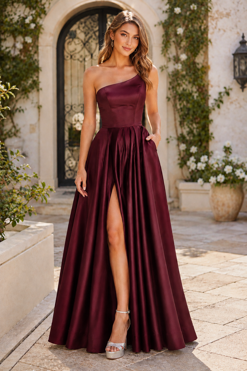 Kaldelle A Line One Shoulder Floor Length Satin Prom Dress- Style